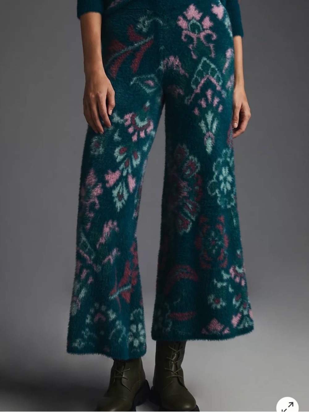 Daily practice  anthropologie fuzzy wide leg  floral pants teal blue sz S M - Picture 2 of 8